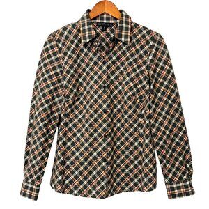 Lafayette 148 NY Long Sleeve Gray Plaid Blouse Button Up Top 100% Cotton Size 10